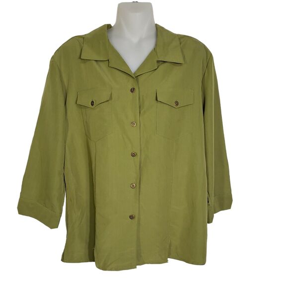 Apparenza Womens Top Large Green Button Front 3/4 Sleeve Pockets Shoulder Pads - Picture 1 of 9